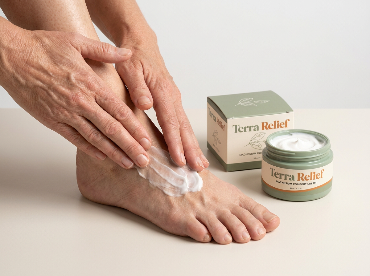 Massaging white Terra Relief cream into foot and ankle