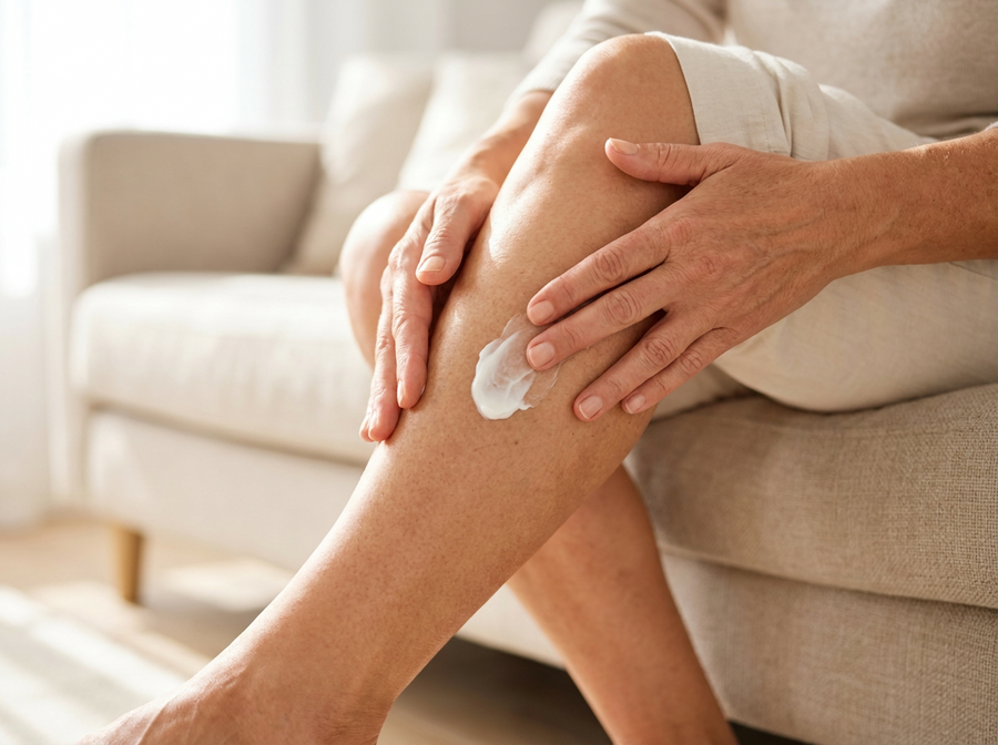 Applying white cream to calf muscle at home